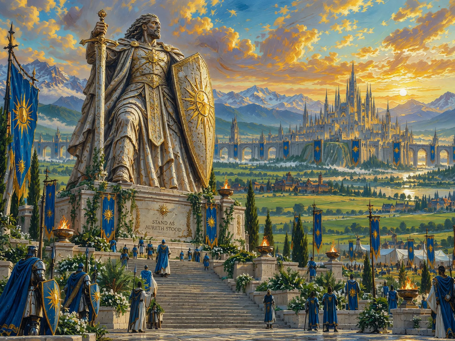 Knights swear their oaths beneath the colossal statue of Aureth the Unyielding, the oath carved into its pedestal