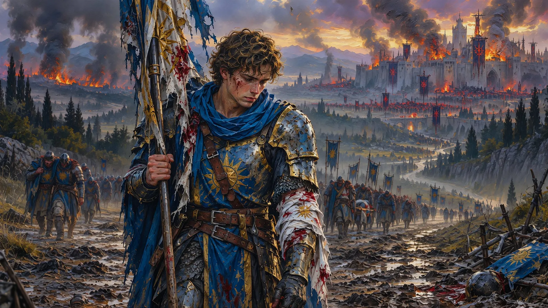 Tomas carries the torn standard along the road to Solenne as the conquered Watch burns behind him
