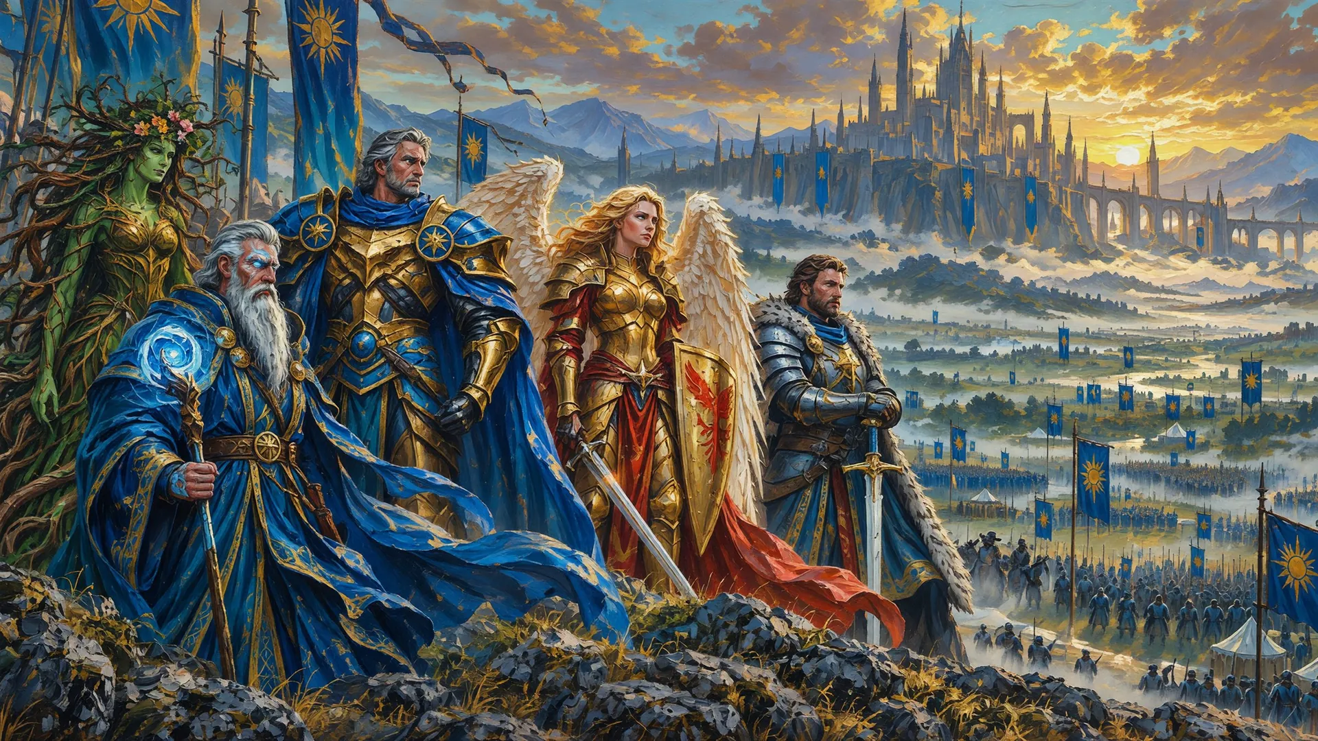 The Nexus Lords of Lumoria stand above the Evershine Plains at dawn