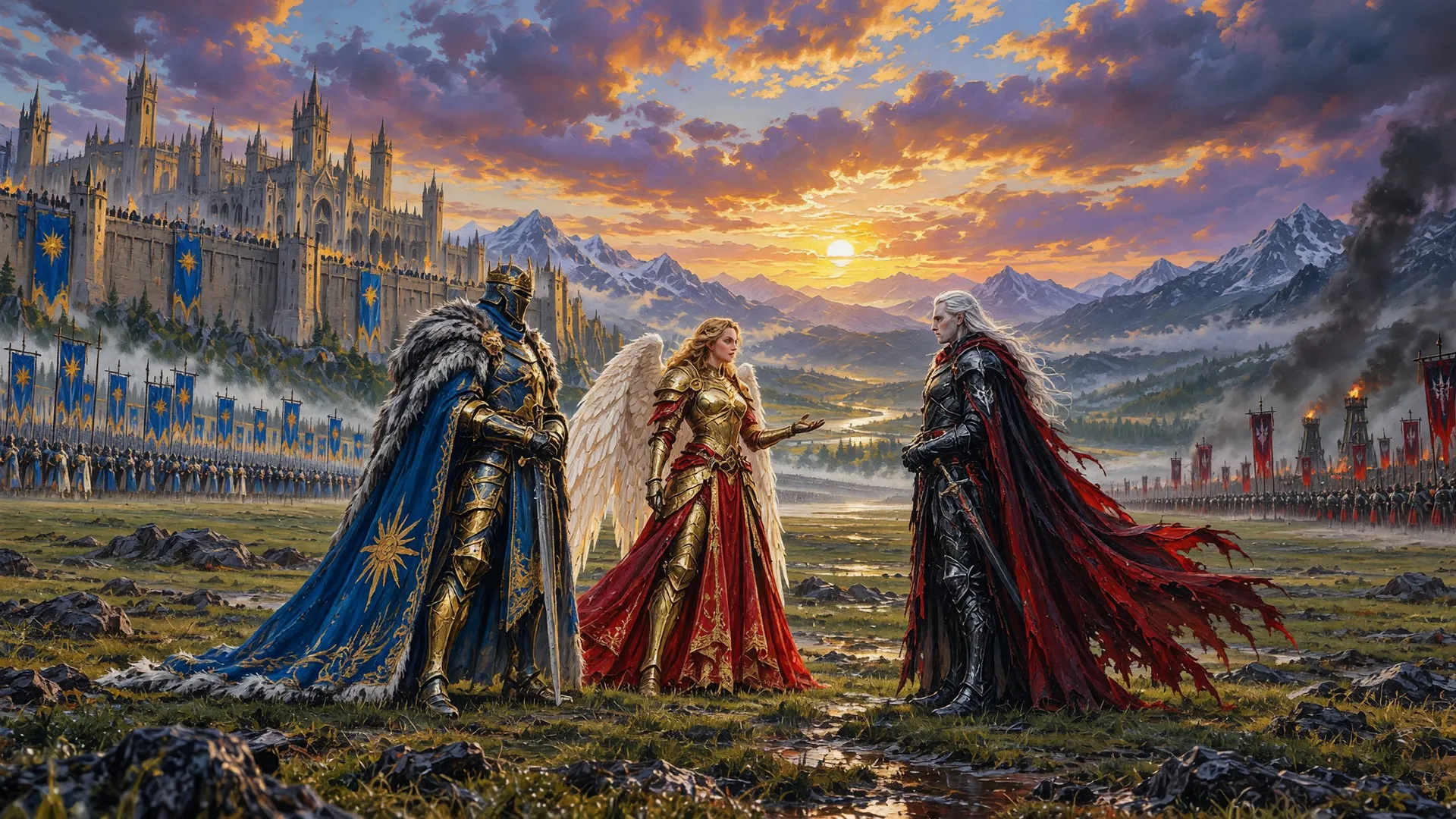 Seris, Gabriel and Valthorian meet alone between two distant armies on the Evershine Plains