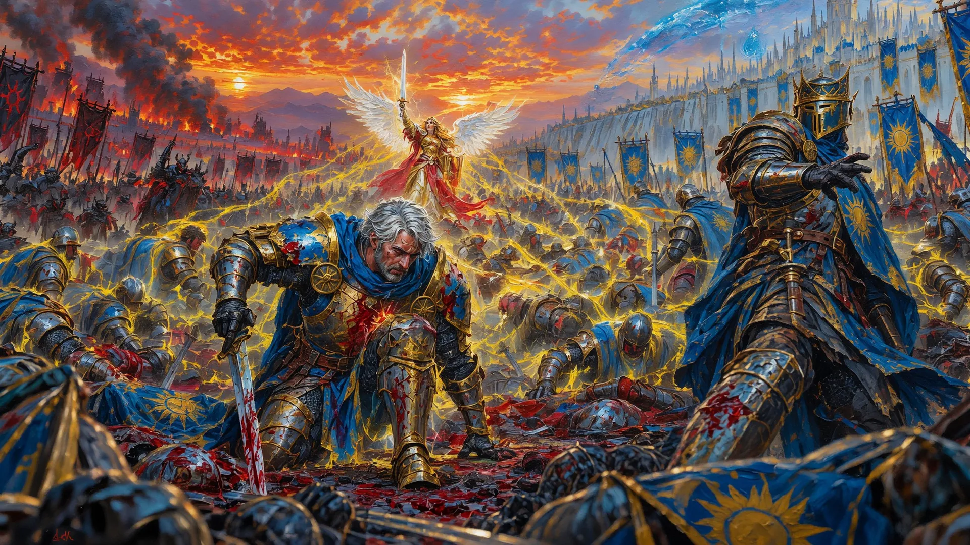 Kaelen rises sword in hand amid Seris's golden resurrection light as Gabriel recoils
