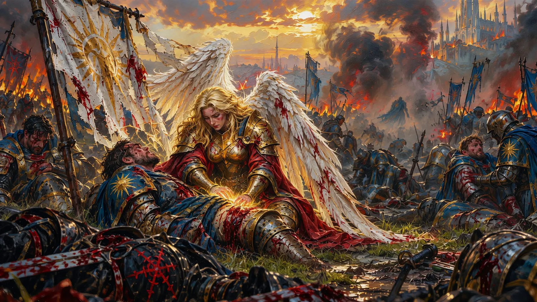 Seris, wounded and exhausted, tends a fallen Lumorian soldier beneath the ripped standard
