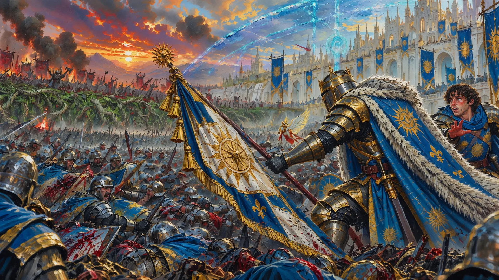 Gabriel lowers the sacred Lumorian command standard while Tomas watches in shock