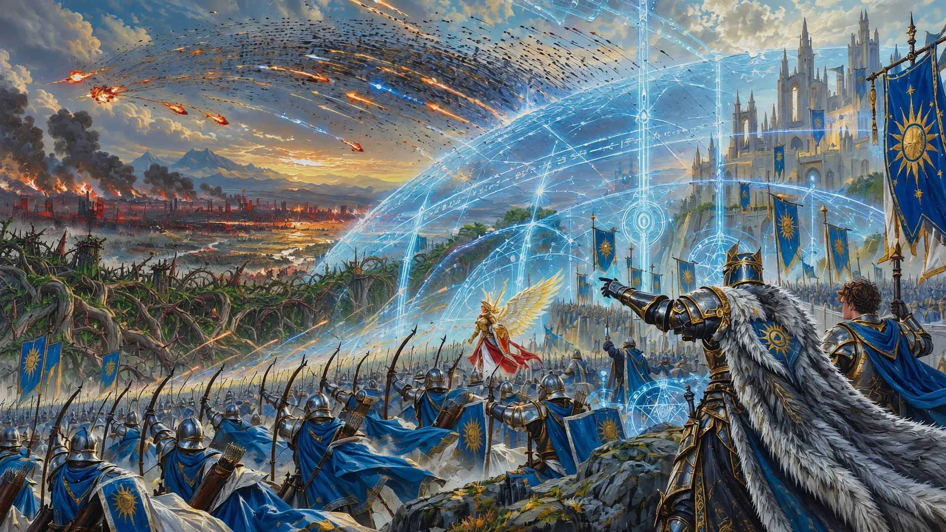 A colossal magical and arrow volley arcs over Lorian's Arcane dome toward the distant Corruption army